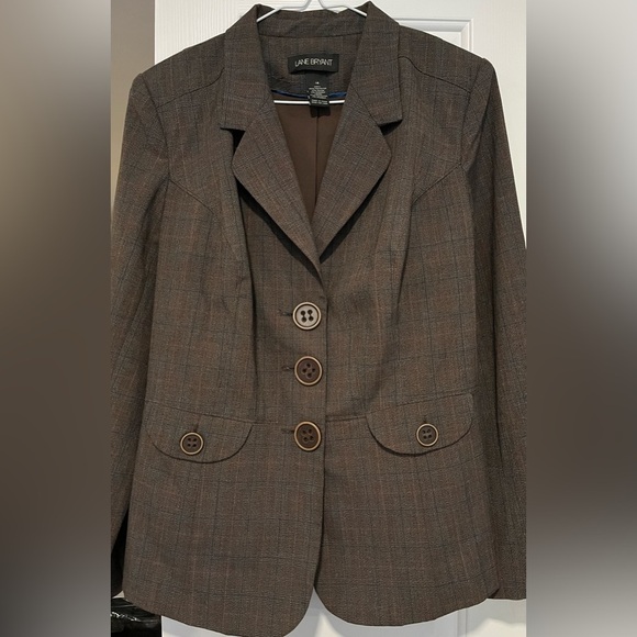 Lane Bryant Women’s Blazer Brown w/Blue Plaid, Lined, Large Buttons; Size 16 - Picture 1 of 10